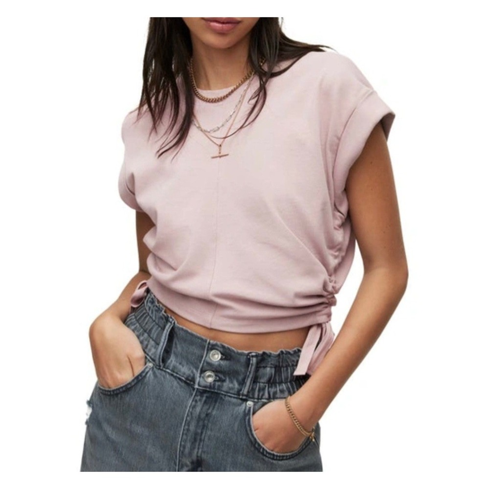Allsaints Mira Side Ruched‎ Cotton Top In Pale Orchid Crop Tee Medium